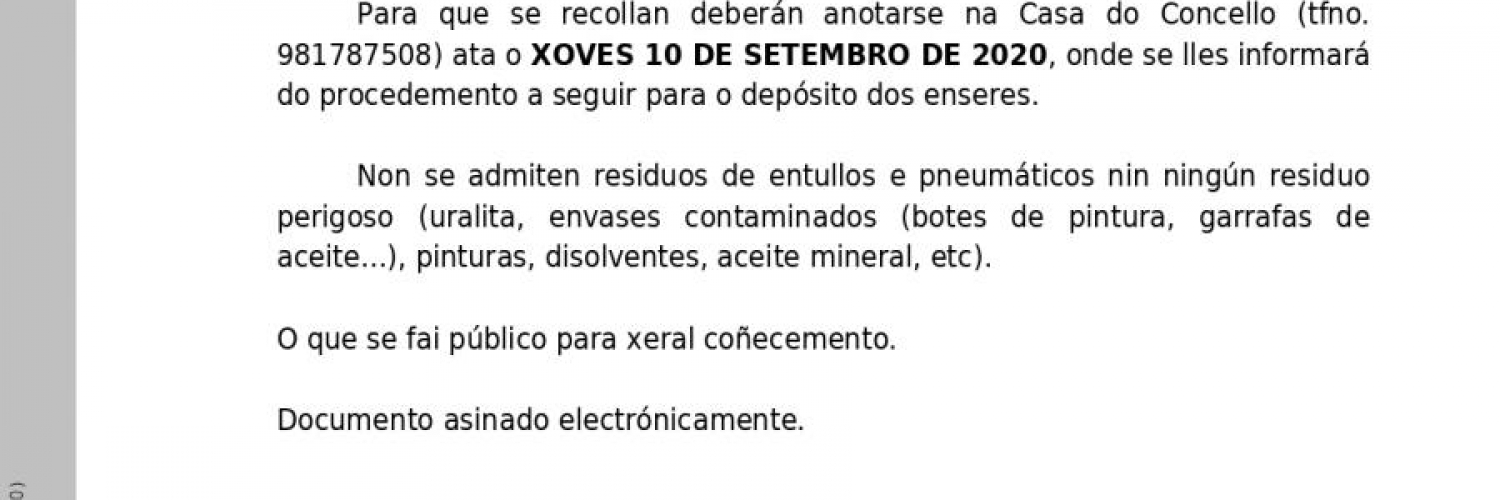BANDO: RECOLLIDA DE ENSERES E VOLUMINOSOS