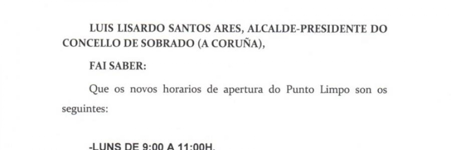 BANDO: NOVOS HORARIOS NO PUNTO LIMPO