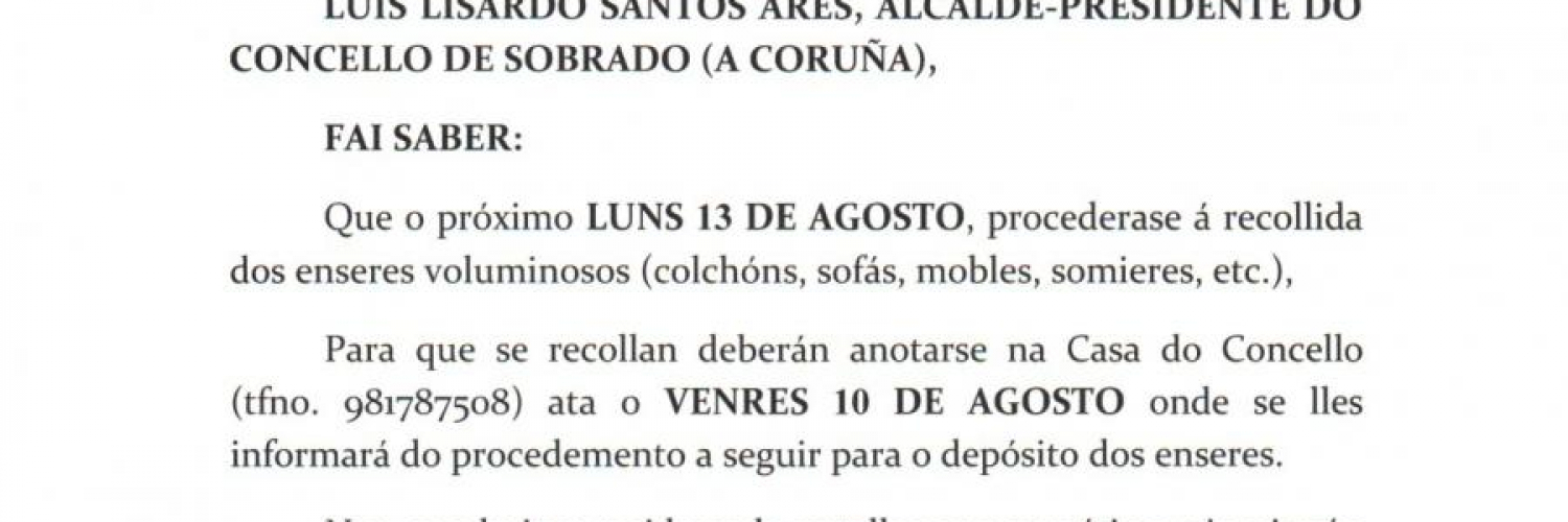 RECOLLIDA DE ENSERES O LUNS 13 DE AGOSTO