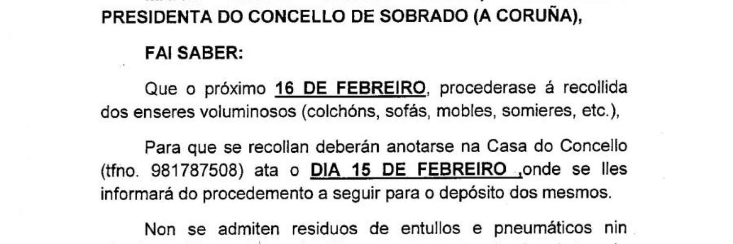Recollida de Enseres o 16 de Febreiro