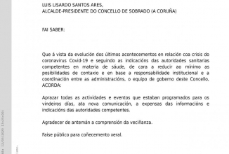 BANDO URXENTE: APRAZAMENTO DE EVENTOS E ACTIVIDADES