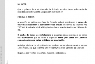 MEDIDAS EXCEPCIONAIS DO CONCELLO DE SOBRADO POLO COVID-19